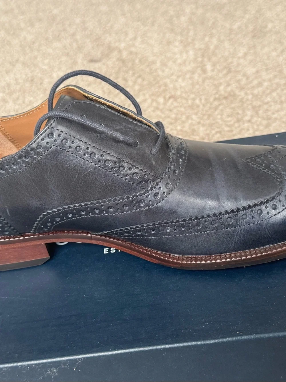 Cole Haan Navy Brogue Derby with Brown Stacked Sole